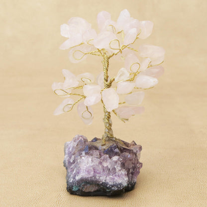 Sweet Leaves Rose Quartz Gemstone Tree with an Amethyst Base from Brazil