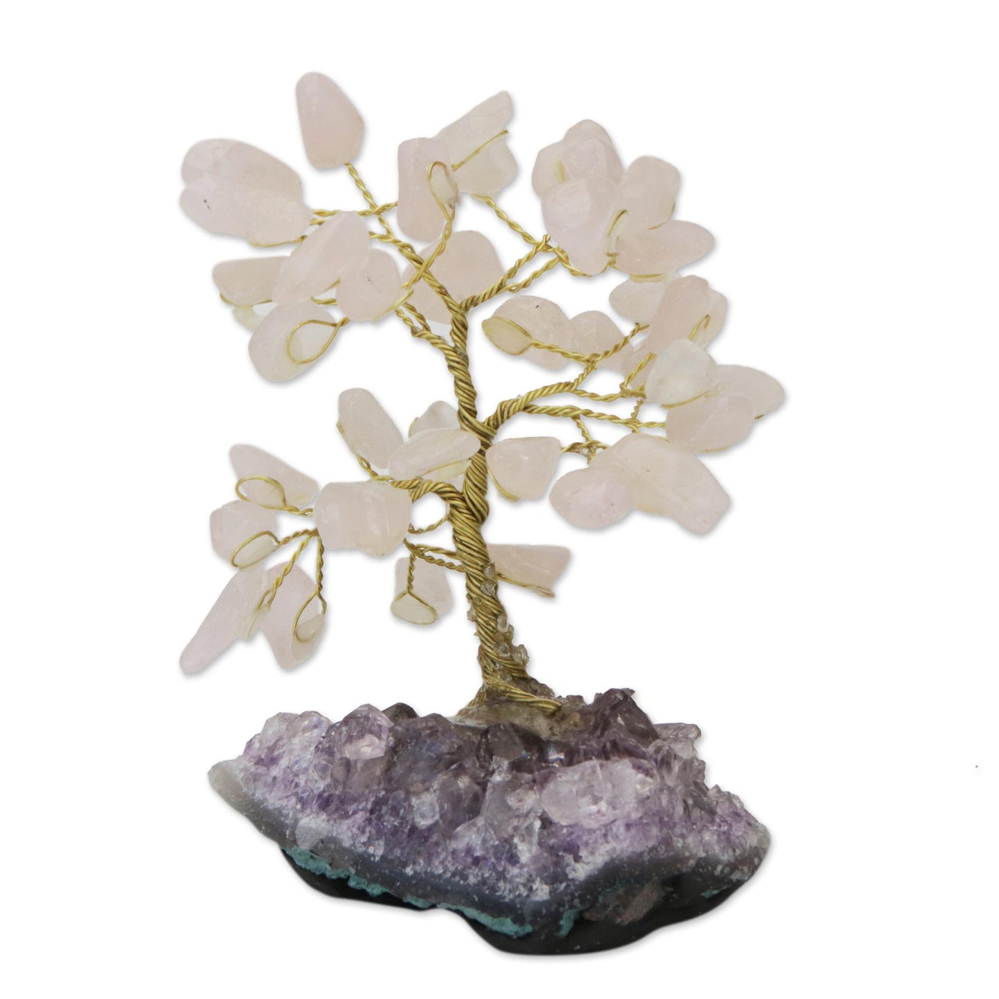 Sweet Leaves Rose Quartz Gemstone Tree with an Amethyst Base from Brazil