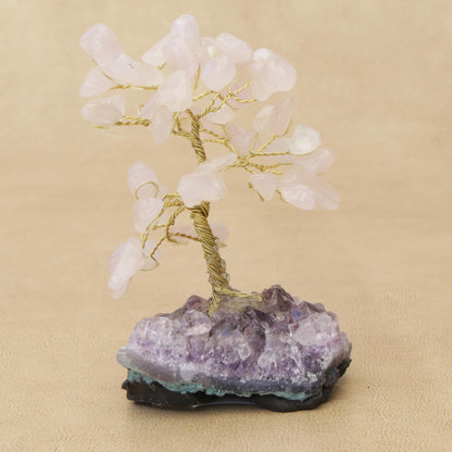 Sweet Leaves Rose Quartz Gemstone Tree with an Amethyst Base from Brazil