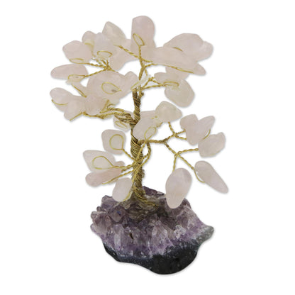 Sweet Leaves Rose Quartz Gemstone Tree with an Amethyst Base from Brazil