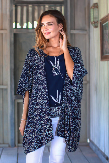 Many Leaves Batik Rayon Kimono Jacket in Midnight and White from Bali