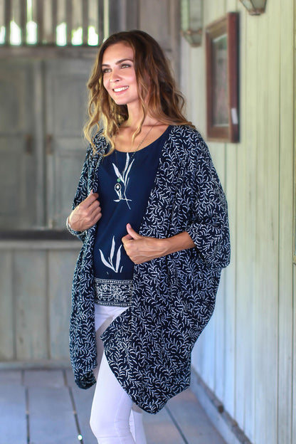 Many Leaves Batik Rayon Kimono Jacket in Midnight and White from Bali