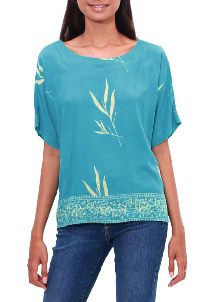 Balinese Breeze in Turquoise Batik Rayon Blouse in Turquoise and Lemon from Bali