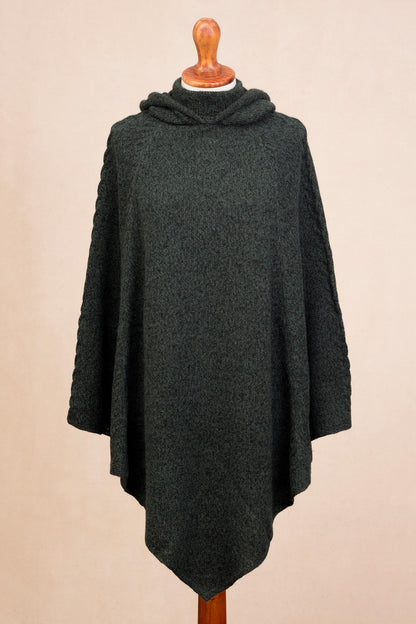 Adventurous Style in Moss Knit Alpaca Blend Hooded Poncho in Moss from Peru