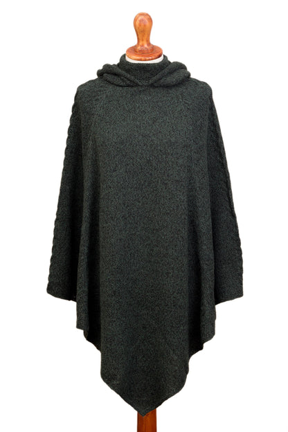 Adventurous Style in Moss Knit Alpaca Blend Hooded Poncho in Moss from Peru