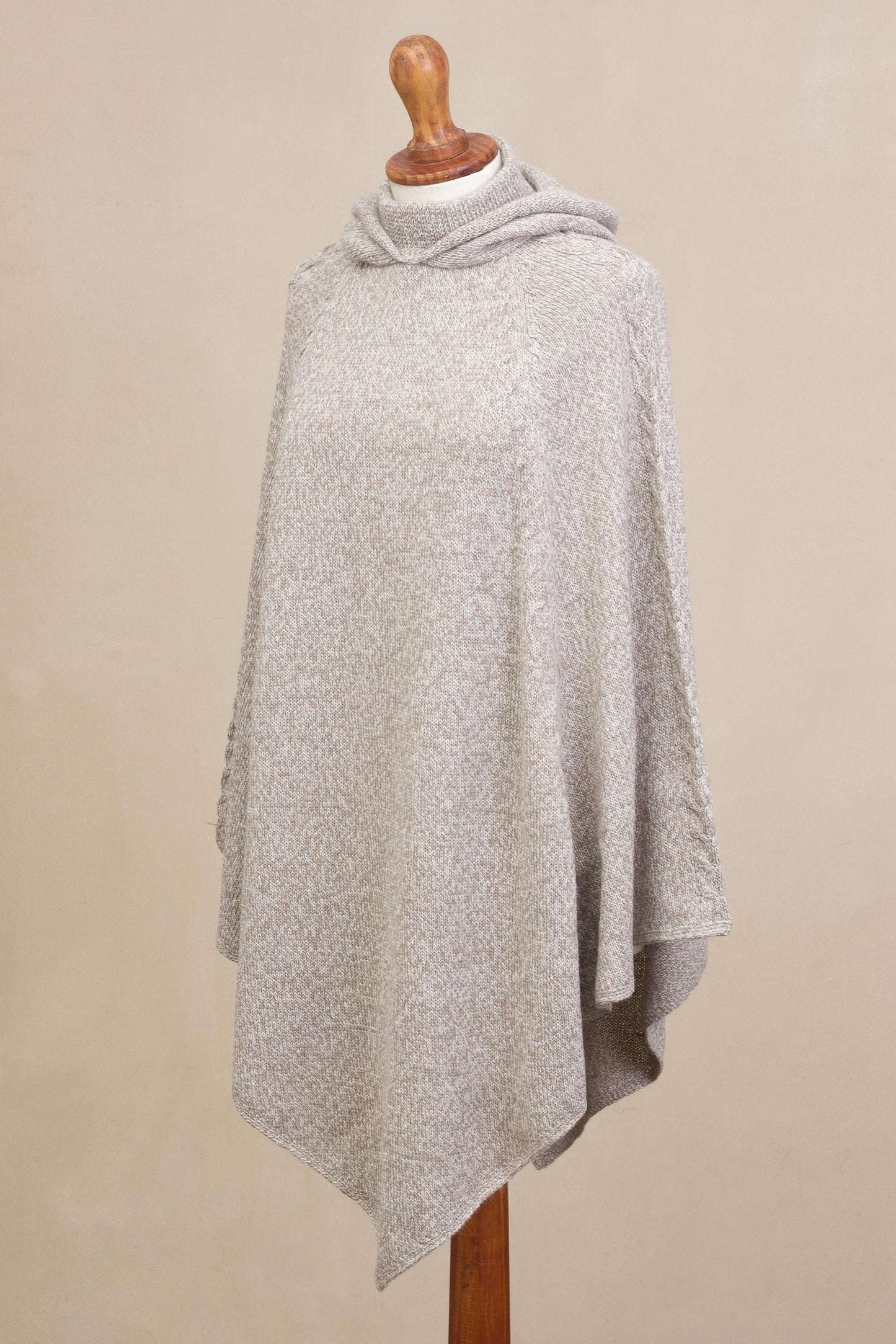 Adventurous Style in Taupe Knit Alpaca Blend Hooded Poncho in Taupe from Peru