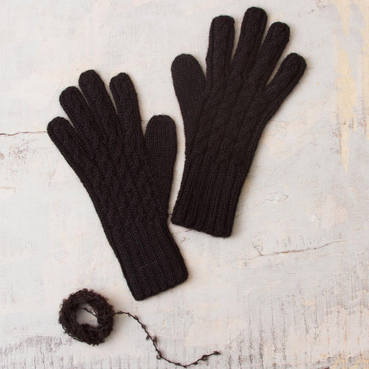 Winter Delight in Black 100% Alpaca Knit Gloves in Black from Peru