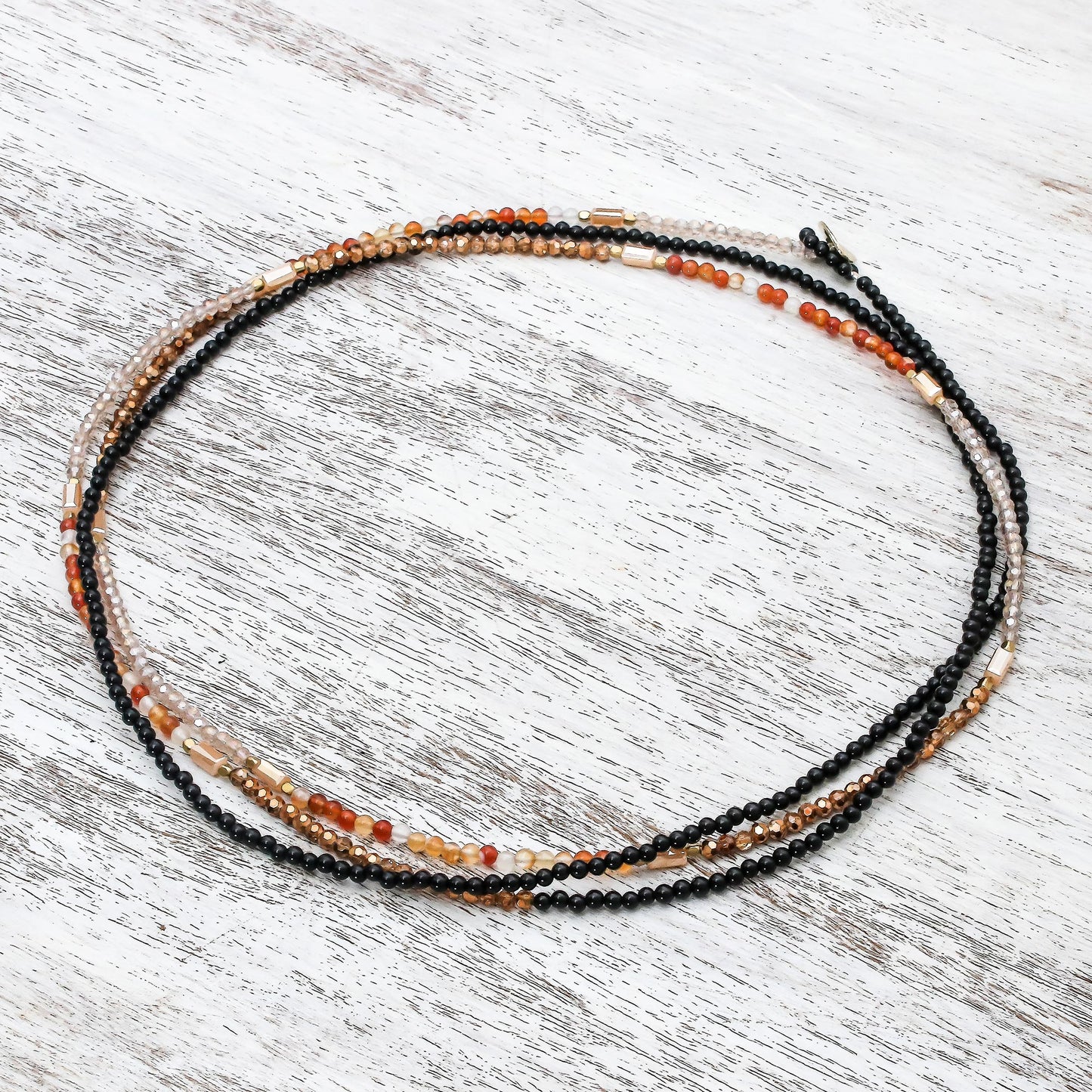 Midnight Love in Red-Orange Agate Long Beaded Strand Necklace in Red-Orange