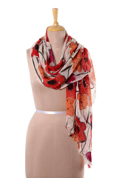 Morning Allure Red and Orange Floral Wool Shawl from India