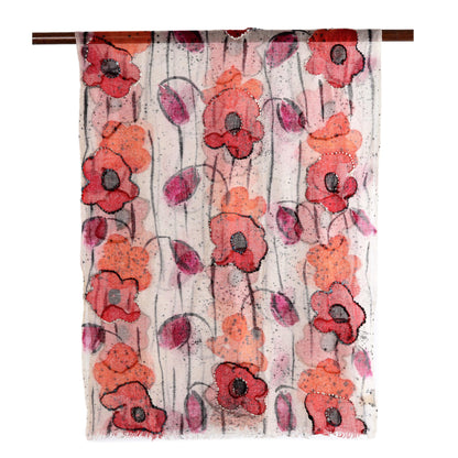 Morning Allure Red and Orange Floral Wool Shawl from India