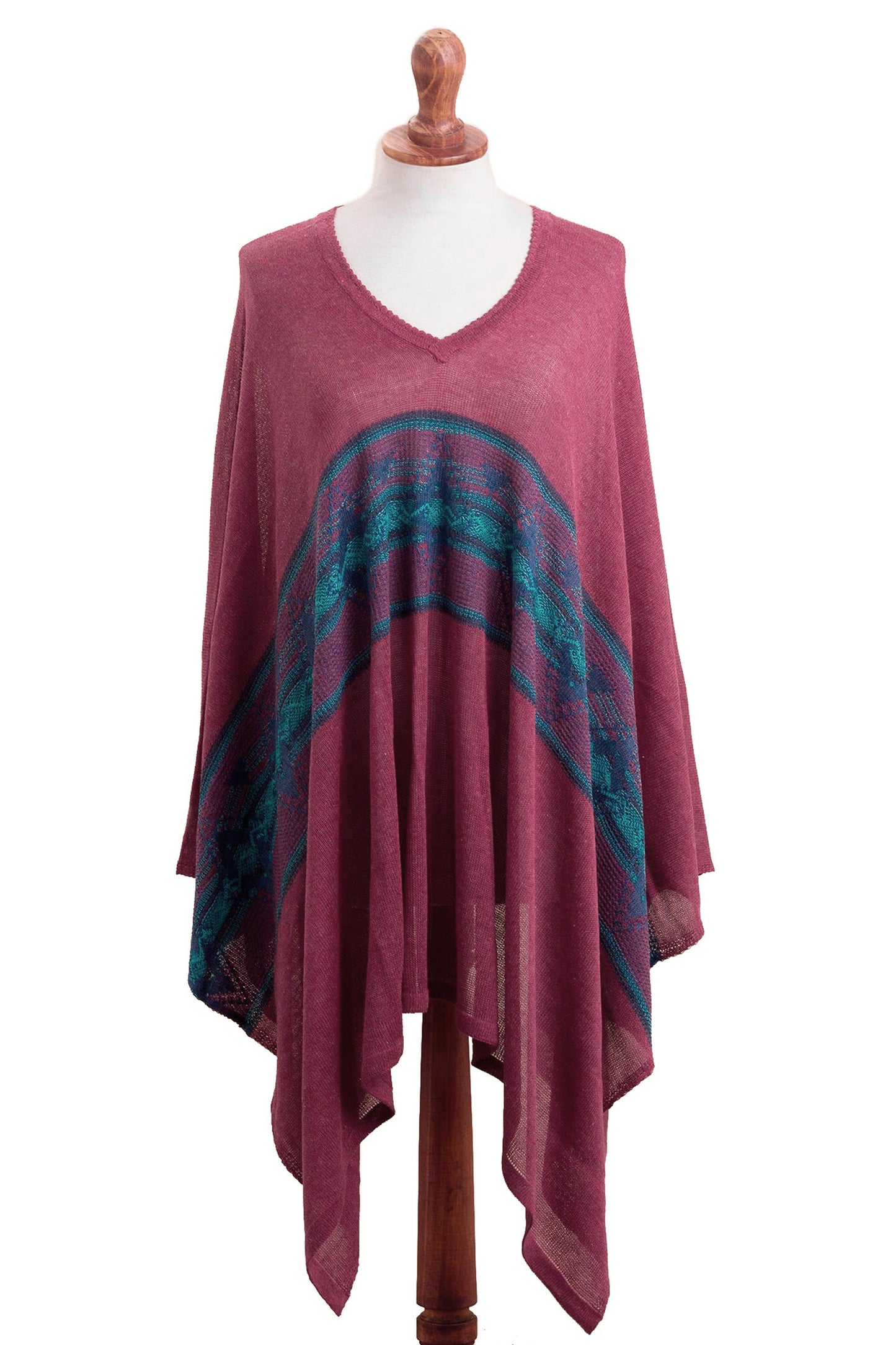 Andean Charm Cotton Blend Poncho in Cerise and Blue from Peru