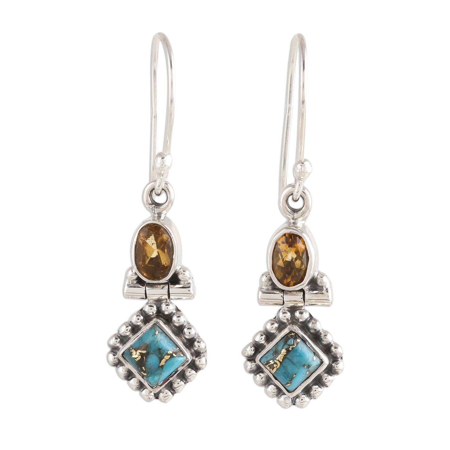 Sunny Delight Citrine and Composite Turquoise Dangle Earrings from India