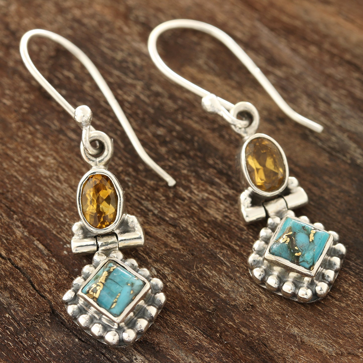 Sunny Delight Citrine and Composite Turquoise Dangle Earrings from India