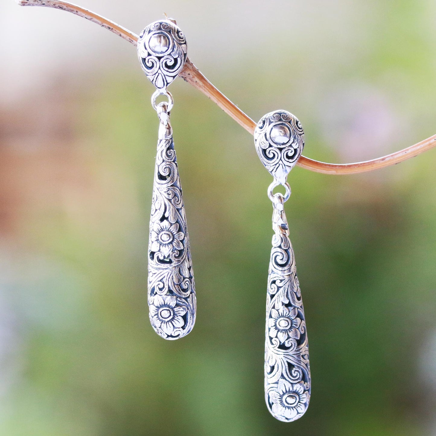 Drops from the Garden Drop-Shaped Floral Sterling Silver Dangle Earrings from Bali