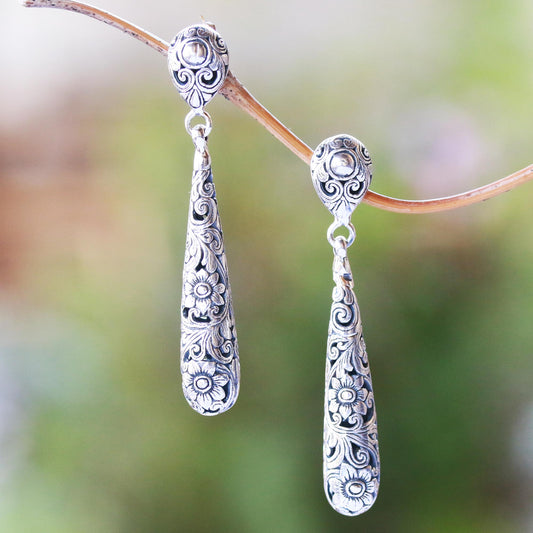 Drops from the Garden Drop-Shaped Floral Sterling Silver Dangle Earrings from Bali