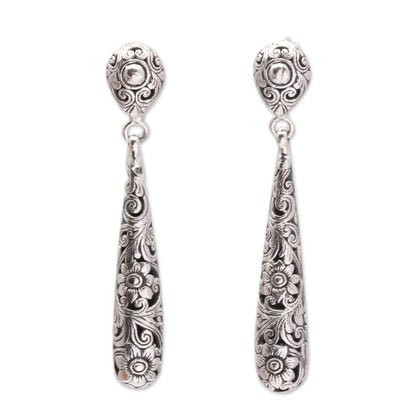 Drops from the Garden Drop-Shaped Floral Sterling Silver Dangle Earrings from Bali