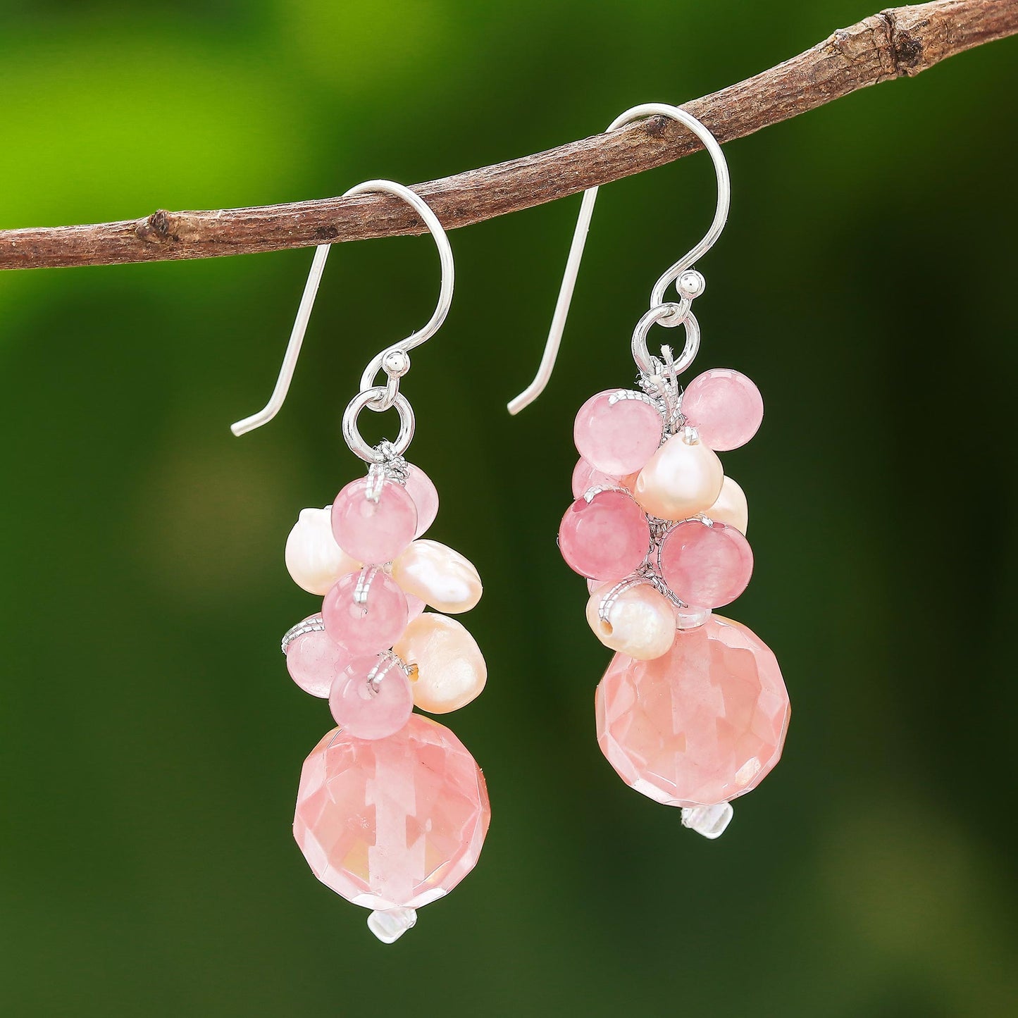 Soft Pink Love Pink Quartz and Cultured Pearl Beaded Dangle Earrings