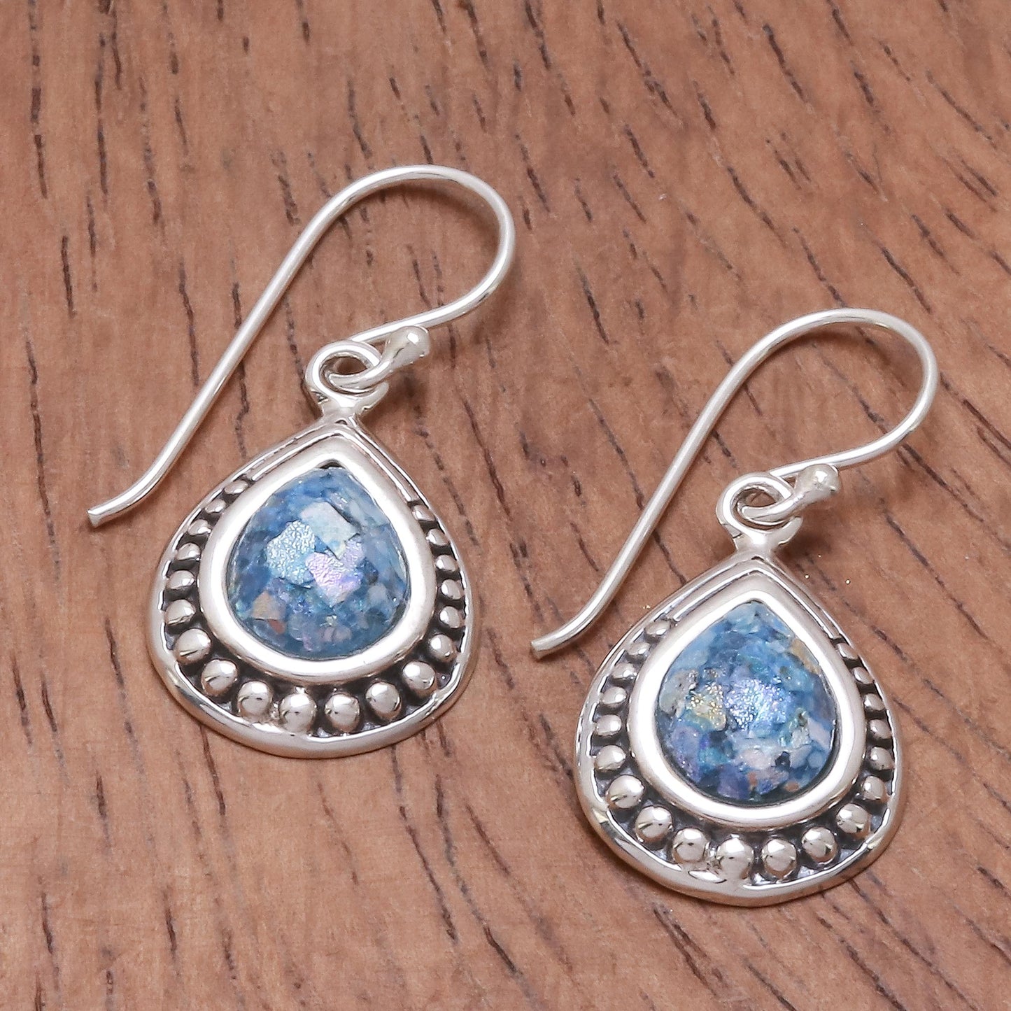 Ancient Teardrops Drop-Shaped Roman Glass Dangle Earrings from Thailand