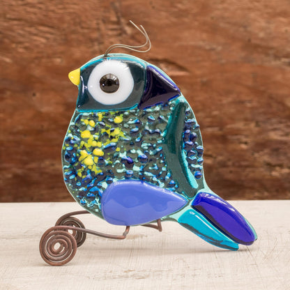 Paradise Bird Fused Art Glass Bird Figurine in Blue from El Salvador