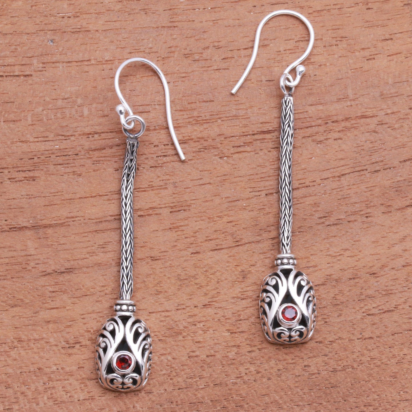 Grand Fascination Garnet and Sterling Silver Naga Chain Dangle Earrings