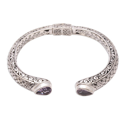 Woven Drops Weave Pattern Amethyst Cuff Bracelet from Bali