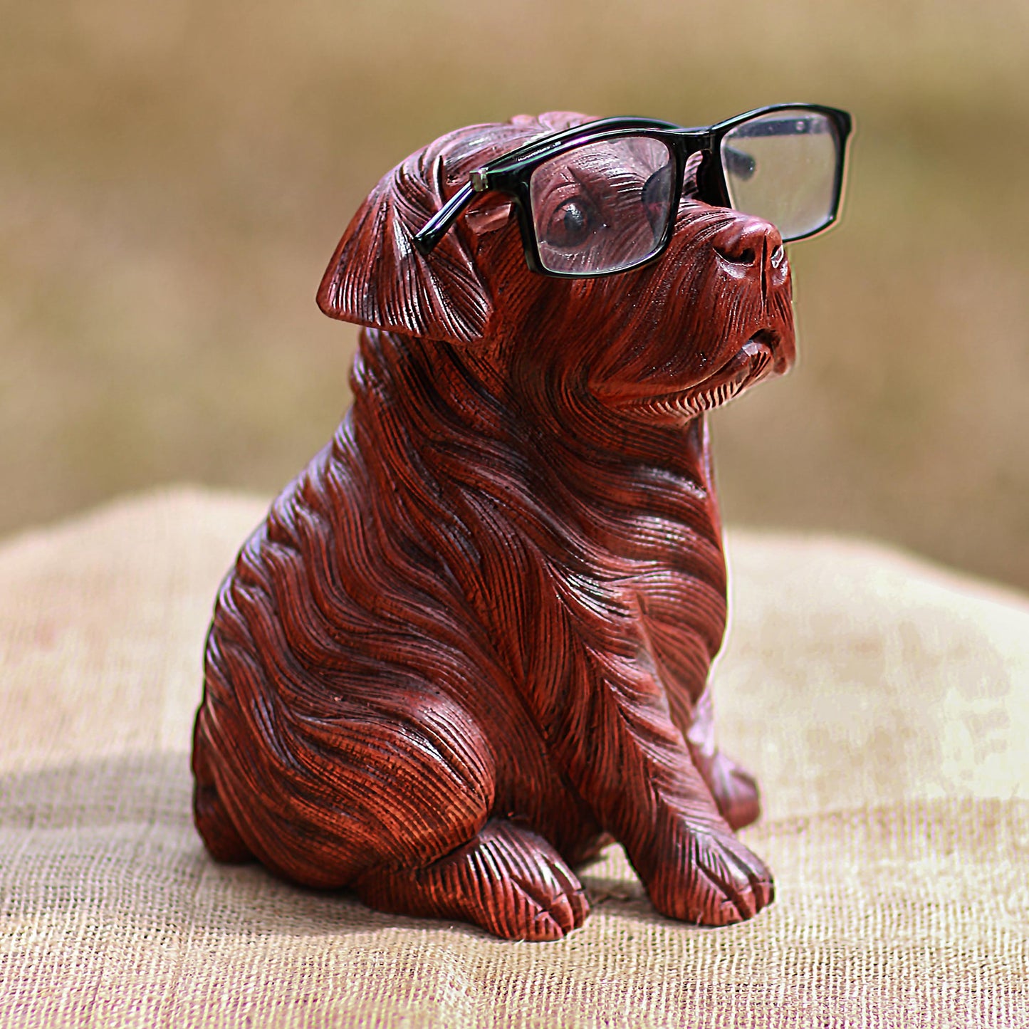 Obedient Pug Hand-Carved Suar Wood Dog Eyeglasses Holder