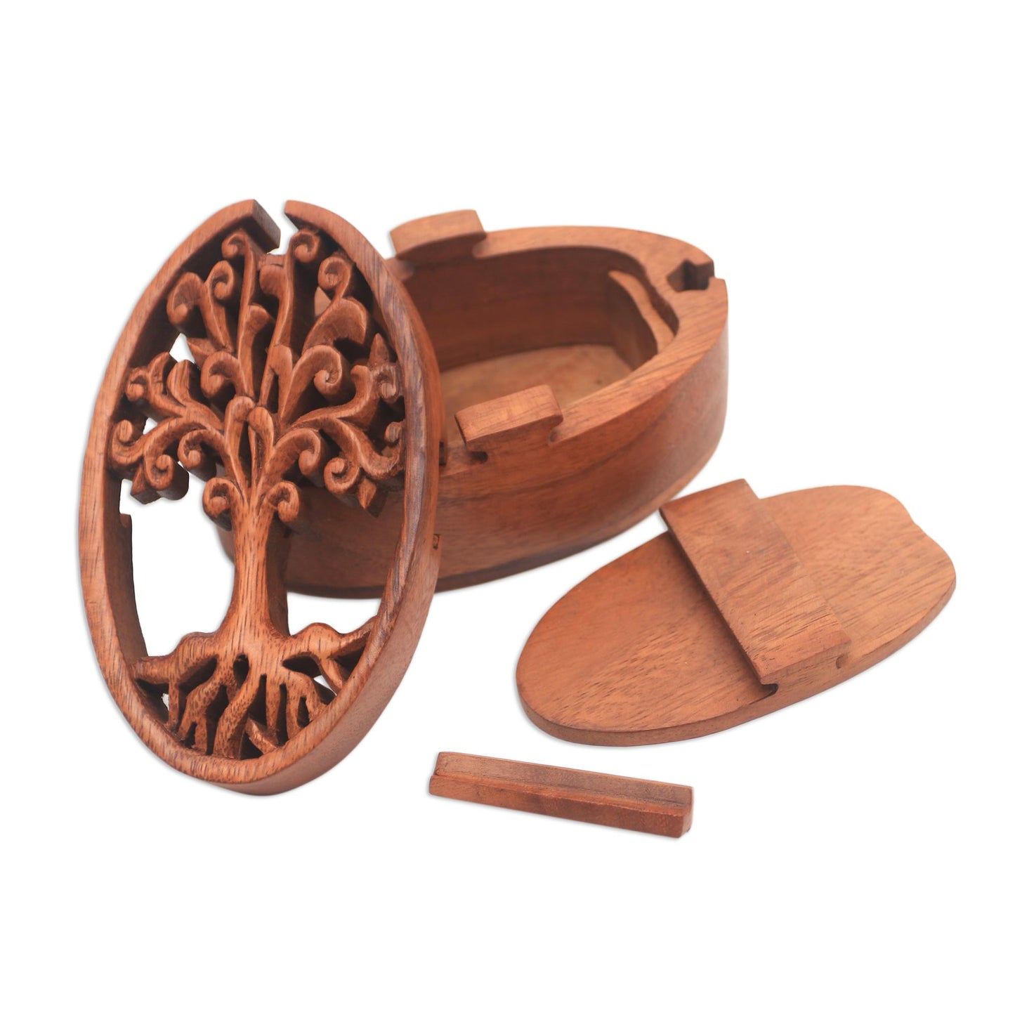 Tree Oval Tree-Themed Suar Wood Puzzle Box from Bali