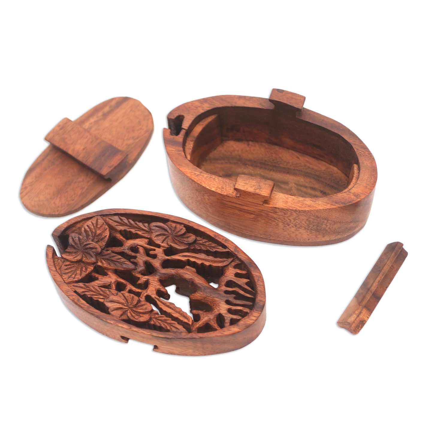 Plumeria Oval Floral Suar Wood Puzzle Box from Bali