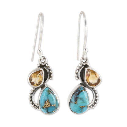 Two Teardrops Citrine and Composite Turquoise Teardrop Dangle Earrings