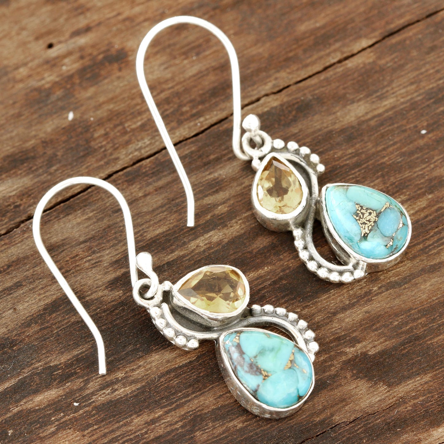 Two Teardrops Citrine and Composite Turquoise Teardrop Dangle Earrings