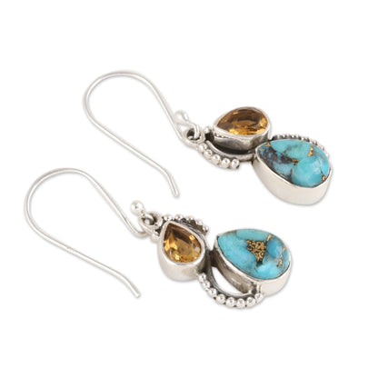 Two Teardrops Citrine and Composite Turquoise Teardrop Dangle Earrings