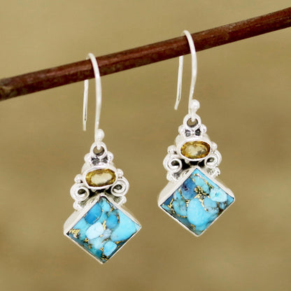 Sky Fragments Citrine and Composite Turquoise Dangle Earrings from India