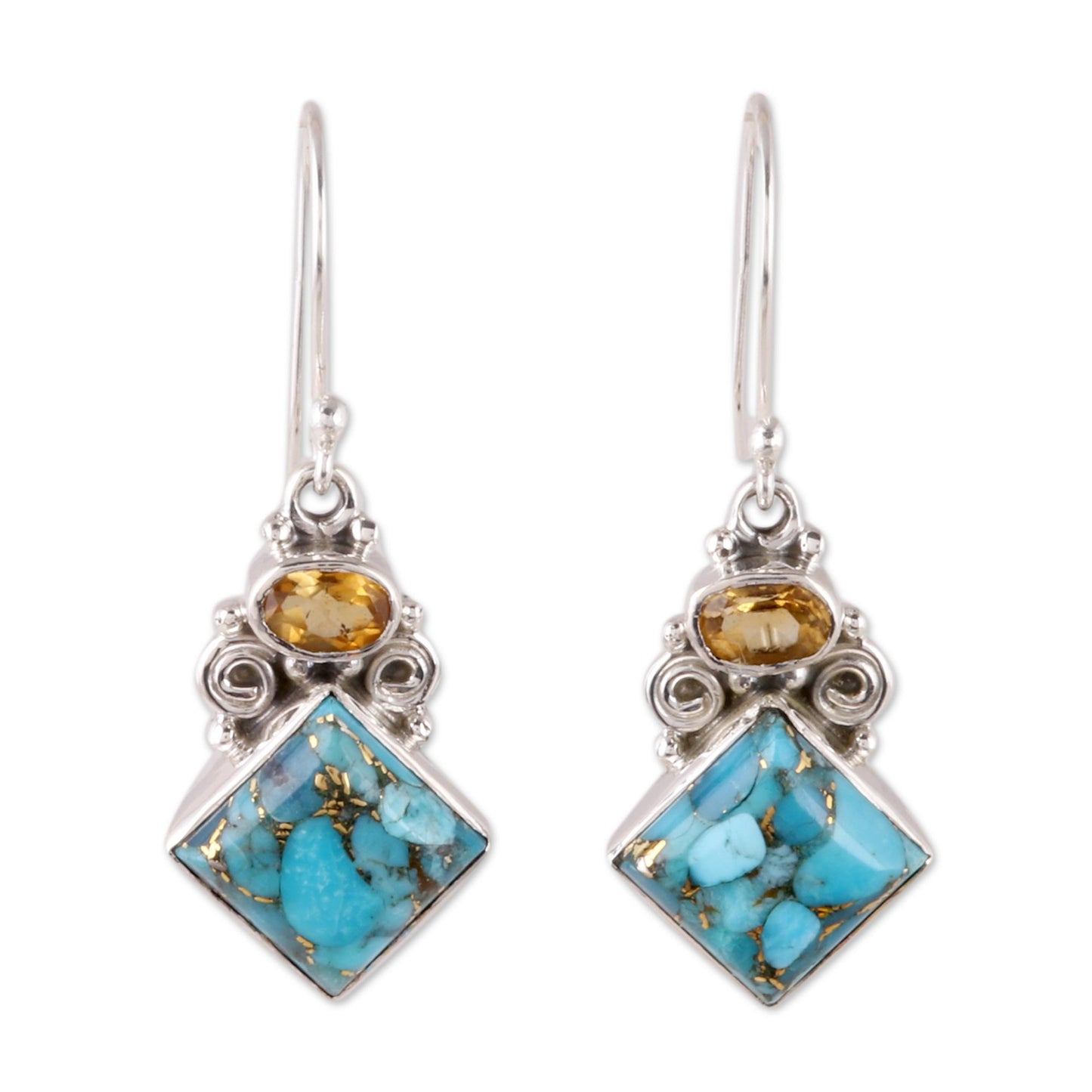 Sky Fragments Citrine and Composite Turquoise Dangle Earrings from India