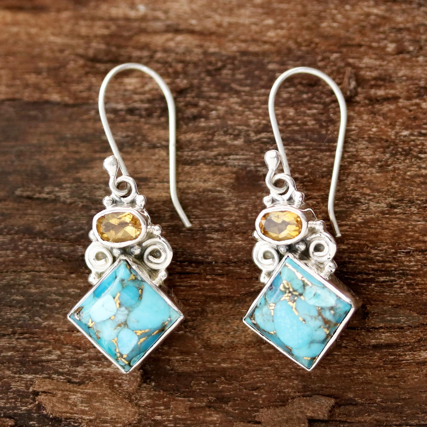 Sky Fragments Citrine and Composite Turquoise Dangle Earrings from India