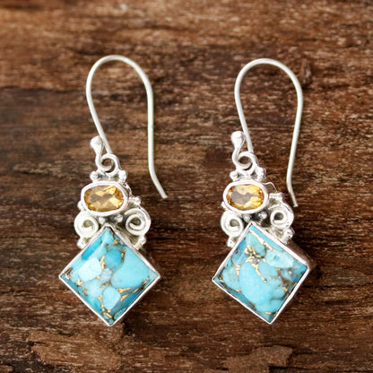 Sky Fragments Citrine and Composite Turquoise Dangle Earrings from India