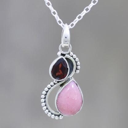 Two Teardrops Garnet and Opal Teardrop Pendant Necklace from India