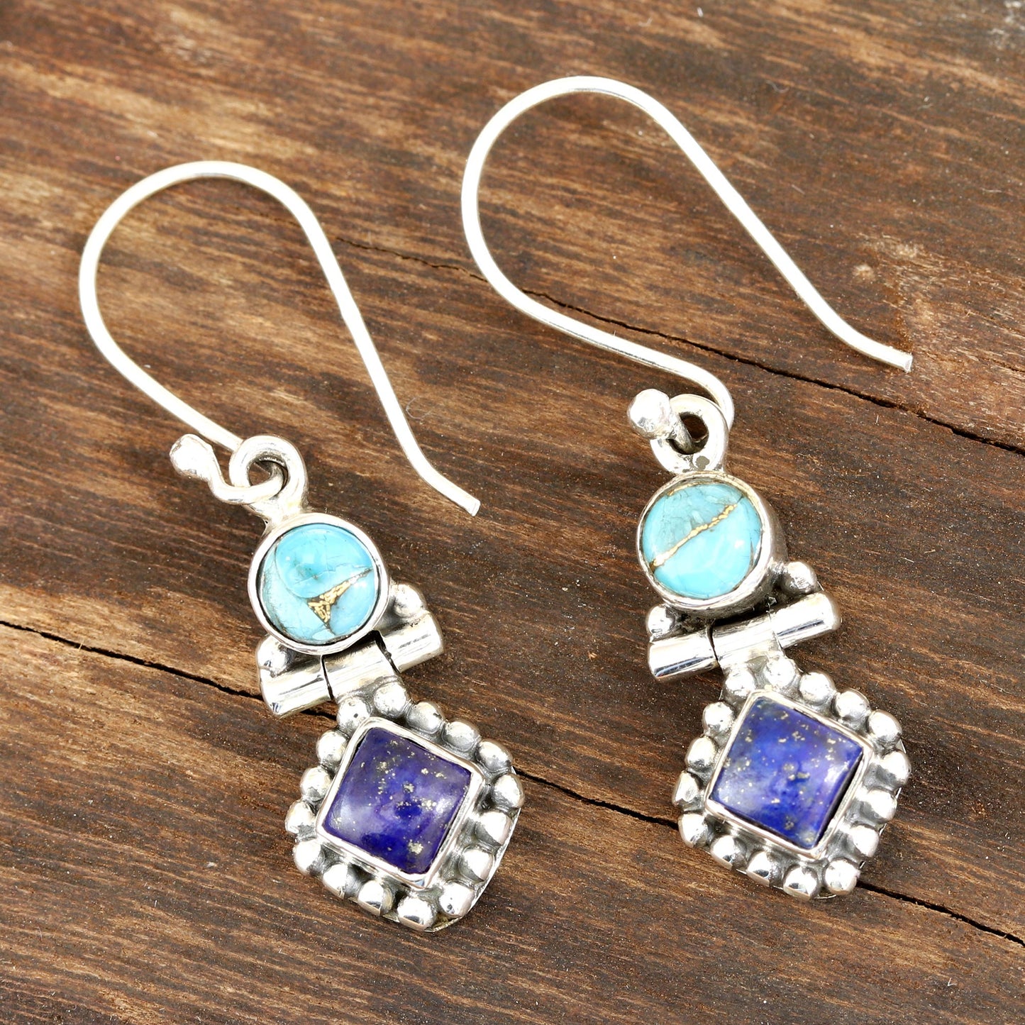 Enchanting Duo Lapis Lazuli and Composite Turquoise Dangle Earrings