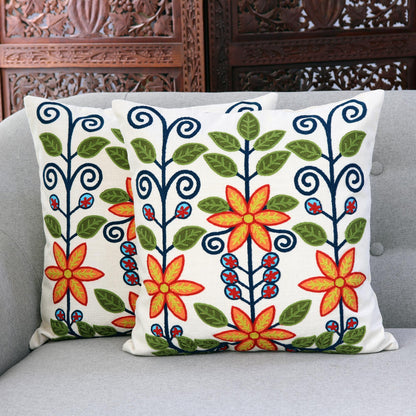 Climbing Flowers Floral Embroidered Cotton Cushion Covers from India (Pair)