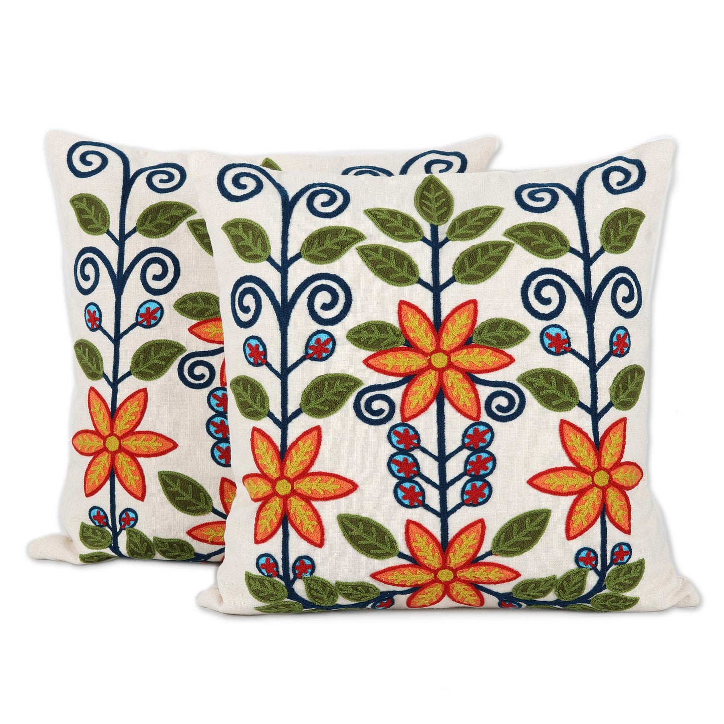 Climbing Flowers Floral Embroidered Cotton Cushion Covers from India (Pair)