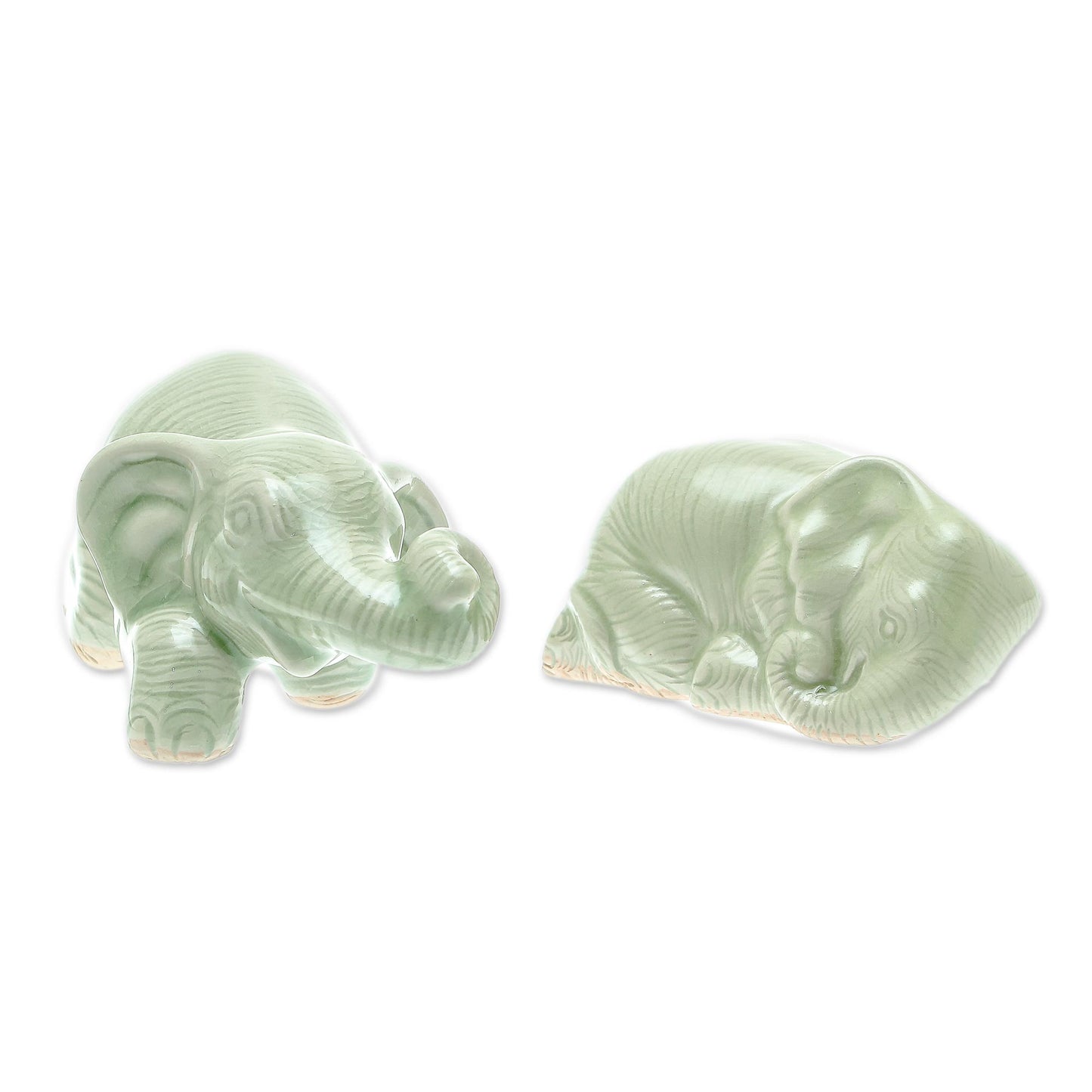 Elephant Brothers Green Celadon Ceramic Elephant Figurines (Pair)