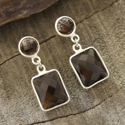 Glittering Delight 13.5-Carat Smoky Quartz Dangle Earrings from India