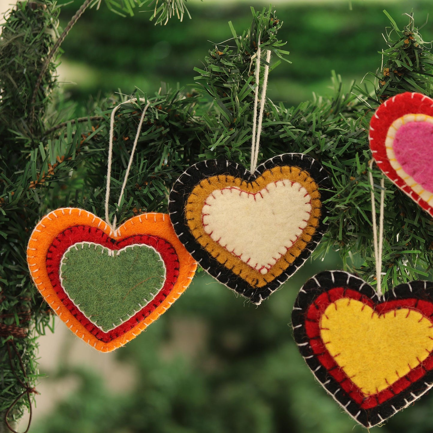 Entrancing Hearts Colorful Wool Felt Heart Ornaments from India (Set of 4)