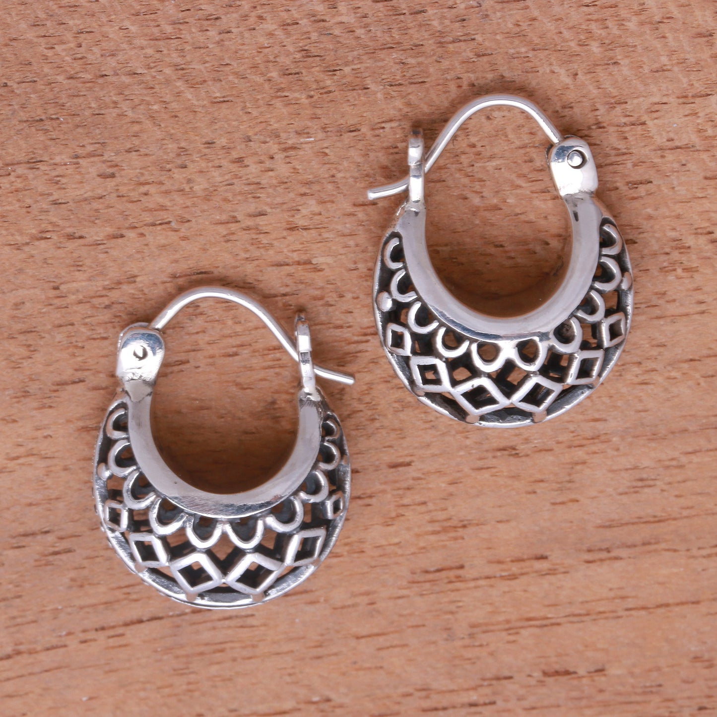 Curved Elegance Openwork Sterling Silver Hoop Earrings from Bali