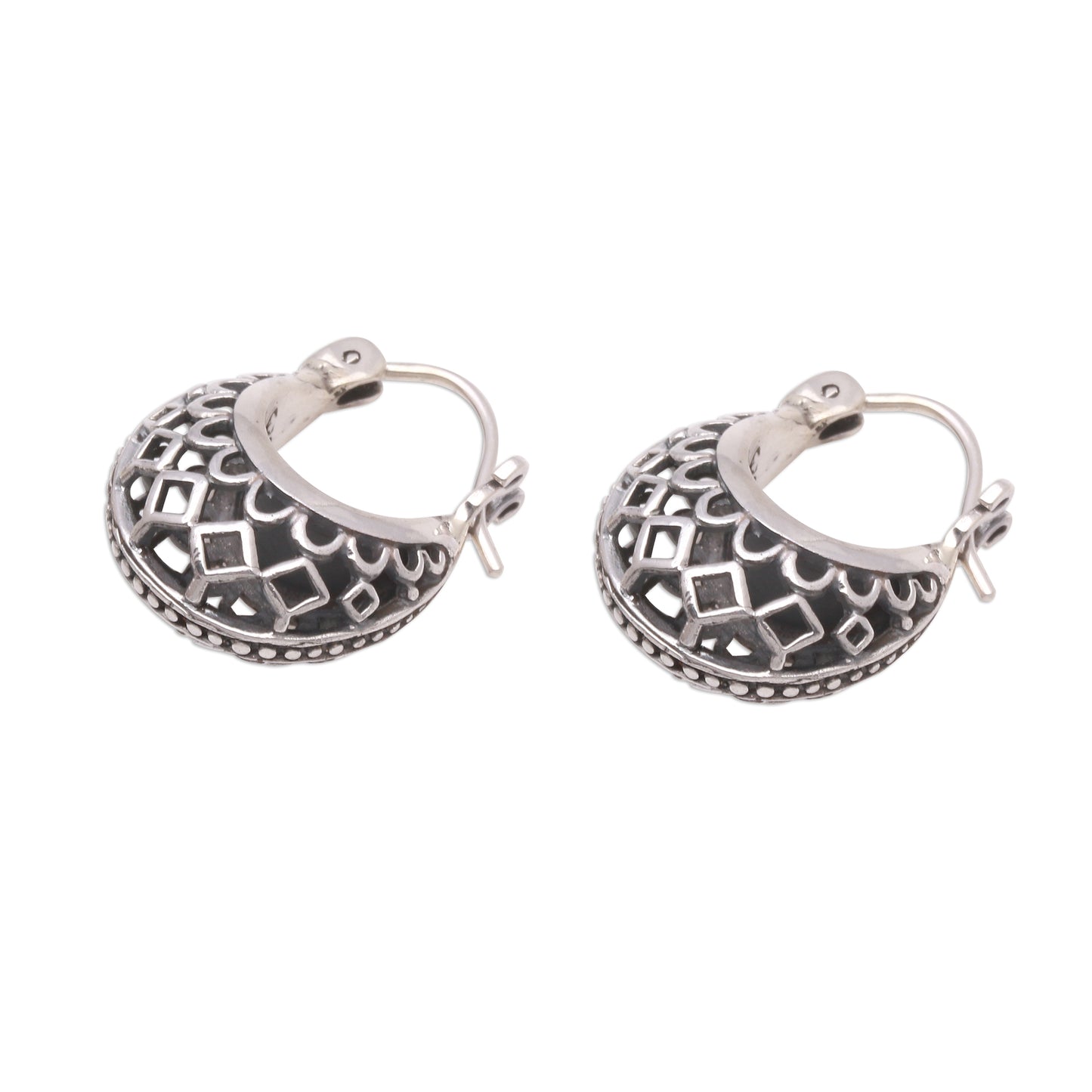 Curved Elegance Openwork Sterling Silver Hoop Earrings from Bali