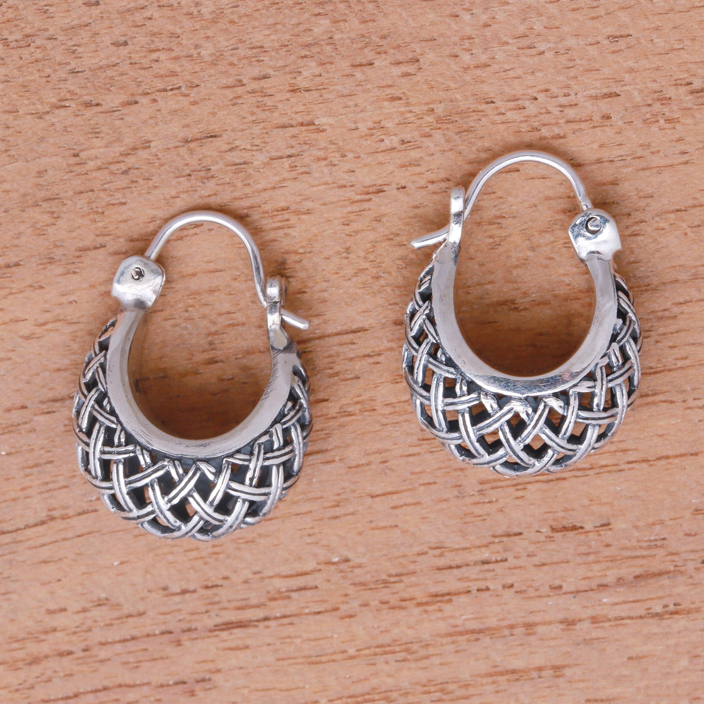 Hanging Baskets Basket Pattern Sterling Silver Hoop Earrings from Bali