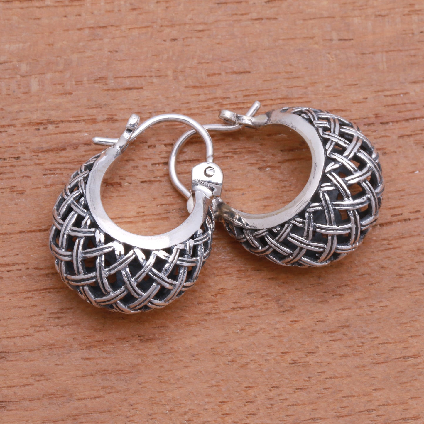 Hanging Baskets Basket Pattern Sterling Silver Hoop Earrings from Bali