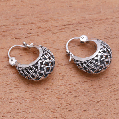 Hanging Baskets Basket Pattern Sterling Silver Hoop Earrings from Bali