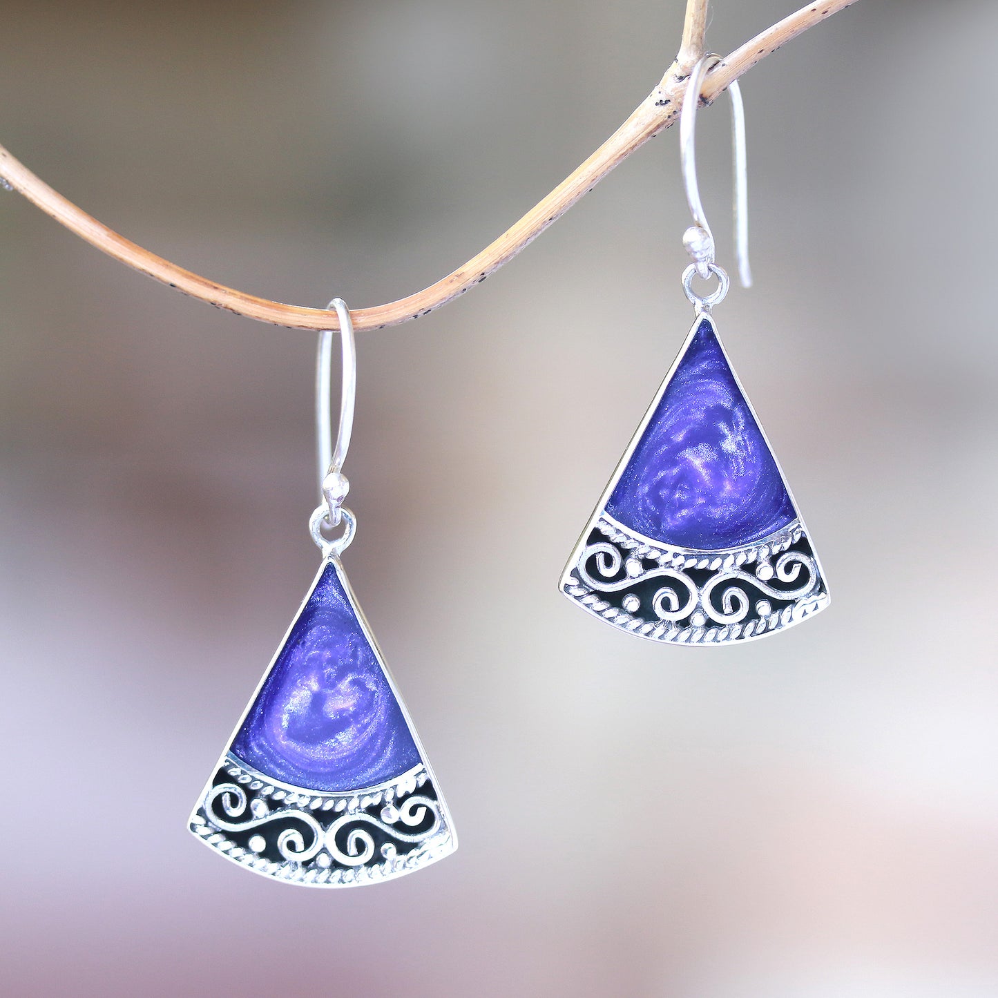 Mystical Triangles Sterling Silver and Purple Resin Dangle Earrings from Bali