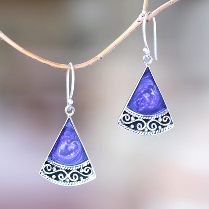 Mystical Triangles Sterling Silver and Purple Resin Dangle Earrings from Bali