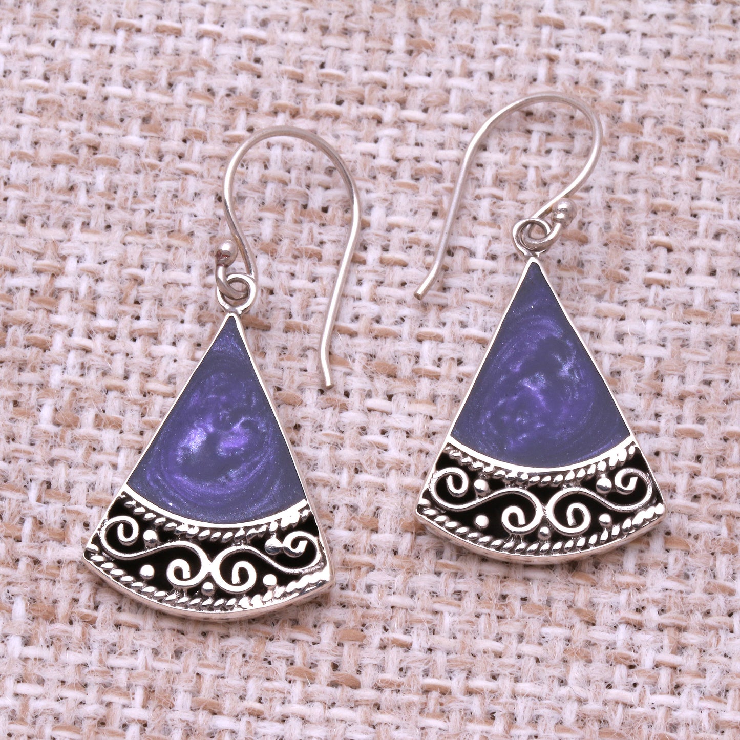 Mystical Triangles Sterling Silver and Purple Resin Dangle Earrings from Bali